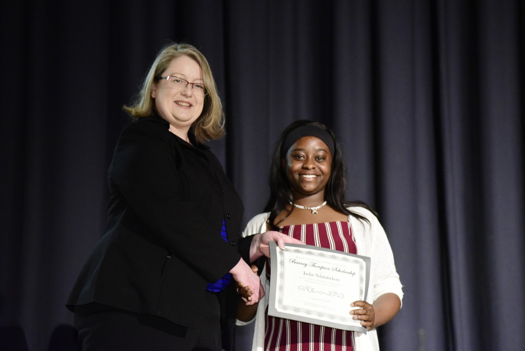 Jennifer Owen Presents the Barney Thompson Scholarship at Fulton High School Senior Awards, May 3, 2019